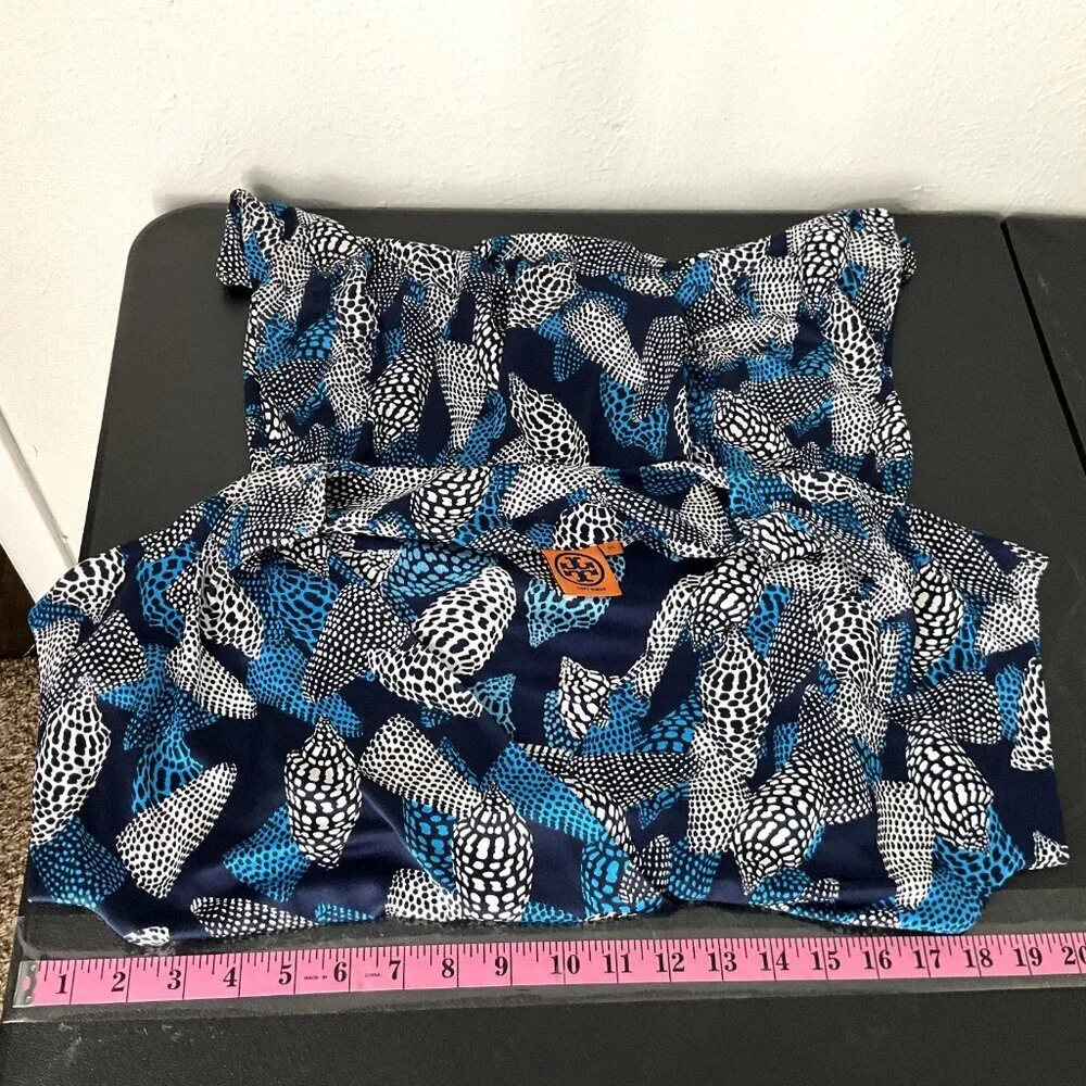 Tory Burch Dress Women XS Silk Blue‎ Seashell Polka Dot Short Sleeve V-Neck